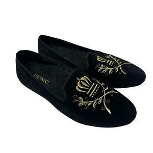 Vionic Romi Smoking Slipper Loafer Comfort Black‎ Velvet Gold Embroidery sz 9.5